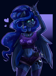 Size: 1439x1956 | Tagged: dead source, safe, artist:tu-kierownik, character:princess luna, species:alicorn, species:anthro, g4, alternate hairstyle, belly button, breasts, busty princess luna, clothing, daisy dukes, denim shorts, ear piercing, earring, ethereal mane, female, galaxy mane, heart, jewelry, long socks, looking at you, mare, midriff, necklace, piercing, pose, purple underwear, shirt, short shirt, shorts, signature, simple background, smiling, solo, underwear