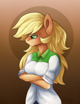 Size: 800x1033 | Tagged: dead source, safe, artist:tu-kierownik, artist:zizka-von-mikser, character:applejack, species:anthro, species:earth pony, g4, alternate hairstyle, apple family member, breasts, busty applejack, clothing, crossed arms, equestria girls outfit, female, hatless, loose hair, mare, missing accessory, profile, solo