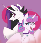 Size: 1603x1708 | Tagged: dead source, safe, artist:tu-kierownik, character:princess celestia, character:princess flurry heart, species:alicorn, species:pony, episode:between dark and dawn, g4, my little pony: friendship is magic, alternate hairstyle, choker, collar, ear piercing, emo, eyeshadow, female, goth, jewelry, makeup, mare, necklace, older, older flurry heart, open mouth, open smile, piercing, princess emo heart, profile, punklestia, signature, smiling, spiked choker, three quarter view
