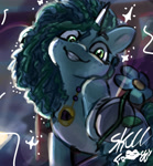 Size: 2007x2160 | Tagged: safe, artist:myskullfroggy, character:misty brightdawn, species:pony, species:unicorn, g5, my little pony: make your mark, my little pony: tell your tale, amulet, colored hooves, creepy, creepy smile, flower, freckles, hoof hold, hooves, horn, jewelry, lightning, looking at you, multicolored mane, shading, signature, smiling, smiling at you, two toned mane, underhoof, unshorn fetlocks