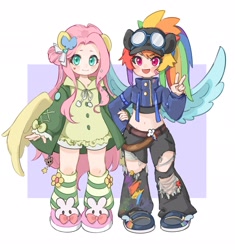 Size: 1923x2048 | Tagged: safe, artist:chonpskss, character:fluttershy, character:rainbow dash, species:human, ship:flutterdash, g4, bandage, bandaid, clothing, cutie mark, cutie mark on clothes, duo, duo female, female, flower, flower in hair, goggles, goggles on head, hat, high res, humanized, jeans, lesbian, looking at you, midriff, open mouth, open smile, pants, peace sign, pony ears, ponytail, ripped jeans, ripped pants, shipping, shoes, smiling, smiling at you, species swap, spread wings, torn clothes, winged humanization, wings