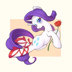 Size: 1143x1143 | Tagged: safe, artist:chonpskss, character:rarity, species:pony, species:unicorn, g4, blushing, clothing, eyeshadow, female, flower, high heels, horn, lidded eyes, looking at you, makeup, mare, rose, shoes, smiling, smiling at you, solo, tail