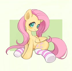 Size: 2048x2034 | Tagged: safe, artist:chonpskss, character:fluttershy, species:pegasus, species:pony, g4, clothing, cute, female, folded wings, high res, looking at you, mare, shyabetes, smiling, smiling at you, socks, solo, striped socks, tail, wings