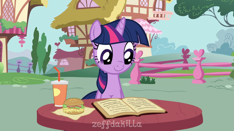 Size: 800x449 | Tagged: safe, artist:zeffdakilla, character:rainbow dash, character:twilight sparkle, character:twilight sparkle (unicorn), species:pegasus, species:pony, species:unicorn, ship:twidash, g4, animated, blushing, book, burger, cup, cute, drinking straw, duo, duo female, eyes closed, female, flying, food, gif, glowing horn, horn, kiss on the cheek, kissing, lesbian, looking at each other, looking at someone, magic, magic aura, mare, open mouth, open smile, outdoors, ponyville, reading, shipping, show accurate, sitting, smiling, smiling at each other, spread wings, surprise kiss, table, telekinesis, wings