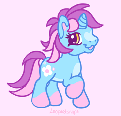 Size: 2400x2300 | Tagged: safe, artist:leopardsnaps, oc, oc only, oc:bright hope, species:pony, species:unicorn, g3.5, alternate design, blaze (coat marking), coat markings, looking at you, open mouth, raised hoof, smiling, socks (coat marking), solo