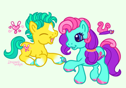 Size: 3000x2100 | Tagged: safe, artist:leopardsnaps, character:hitch trailblazer, character:jazz hooves, species:earth pony, species:pony, g3.5, g5, alternate cutie mark, alternate design, blaze (coat marking), cutie mark, duo, g5 to g3.5, hoof polish, paintbrush, scene interpretation, simple background, style emulation