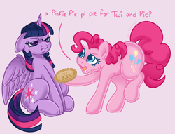 Size: 3000x2289 | Tagged: safe, artist:leopardsnaps, character:pinkie pie, character:twilight sparkle, character:twilight sparkle (alicorn), species:alicorn, species:earth pony, species:pony, g4, duo, food, grumpy, looking at something, pi, pi day, pie, pun, scrunchy face, sitting, twilight is not amused, unamused