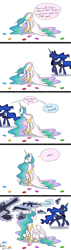 Size: 2000x7000 | Tagged: safe, artist:tadpoledraws, character:princess celestia, character:princess luna, species:alicorn, species:pony, g4, ..., :o, assault rifle, cannon, comic, dialogue, element of generosity, element of honesty, element of kindness, element of laughter, element of loyalty, element of magic, elements of harmony, eyes closed, female, floppy ears, frown, funny, glowing horn, goggles, google, gun, lidded eyes, looking back, looking down, machine gun, magic, mare, meme, minigun, moon's haunted, open mouth, profile, question mark, raised hoof, rifle, sad, sadlestia, serious sam, shotgun, simple background, sitting, speech bubble, spread wings, surprised, telekinesis, trotting, walking, weapon, white background, wide eyes, wing fluff, wings