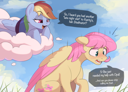 Size: 3875x2803 | Tagged: safe, artist:nookprint, character:fluttershy, character:rainbow dash, species:pegasus, species:pony, g4, all the mares tease butterscotch, blushing, butterscotch, cloud, colored wings, concave belly, dialogue, duo, emanata, eyebrows, eyebrows visible through hair, female, floppy ears, high res, implied flarity, implied half r63 shipping, implied rariscotch, implied rarity, implied shipping, implied straight, male, multicolored wings, on a cloud, open mouth, open smile, rule 63, shipping, smiling, speech bubble, sweat, sweatdrops, teasing, text, three quarter view, two toned wings, wings