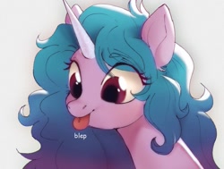 Size: 1279x967 | Tagged: safe, artist:kotletova97, character:izzy moonbow, species:pony, species:unicorn, g5, my little pony: a new generation, blep, bust, cute, eye clipping through hair, eyebrows, eyebrows visible through hair, female, gradient hair, izzybetes, mare, multicolored hair, onomatopoeia, portrait, simple background, solo, tongue out