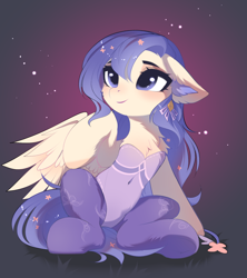 Size: 1700x1916 | Tagged: safe, artist:empress-twilight, oc, oc only, oc:star guardian, oc:violet veil, species:pony, chest fluff, clothing, ear fluff, ears back, hairpin, leotard, long hair, looking up, purple eyes, raised hoof, ribbon, sitting, smiling, solo, tail, tights, underhoof, wings