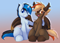 Size: 3127x2288 | Tagged: safe, artist:pearlyiridescence, oc, oc only, oc:longshot, oc:solar gizmo, species:pegasus, species:pony, species:unicorn, chest fluff, colored pupils, commission, duo, duo male, ear fluff, explicit source, fangs, feathered wings, gradient background, horn, hug, male, one eye closed, open mouth, sharp teeth, simple background, sitting, smiling, stallion, winghug, wings, wink