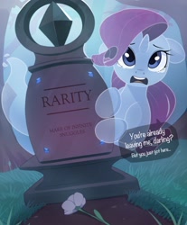 Size: 2958x3567 | Tagged: safe, artist:nookprint, character:rarity, species:pony, species:unicorn, g4, dialogue, eyebrows, eyelashes, female, floppy ears, ghost, grave, gravestone, looking at you, open mouth, solo, speech bubble, teary eyes, text