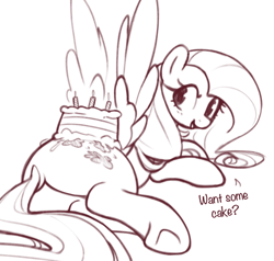 Size: 698x664 | Tagged: safe, artist:nookprint, character:fluttershy, species:pegasus, species:pony, g4, birthday cake, blushing, butt, cake, dialogue, eyelashes, female, flutterbutt, food, looking at you, looking back, looking back at you, mare, monochrome, open mouth, simple background, sketch, solo, spread wings, text, underhoof, white background, wings