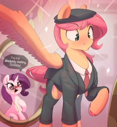 Size: 3190x3459 | Tagged: safe, artist:nookprint, character:fluttershy, character:rarity, species:pegasus, species:pony, species:unicorn, g4, blushing, butterscotch, clothing, dialogue, duo, duo male and female, eyebrows, eyebrows visible through hair, eyelashes, feathered wings, female, glasses, half r63 shipping, hat, implied flarity, implied shipping, jacket, male, mare, mirror, necktie, open mouth, pants, rule 63, shipping, speech bubble, spread wings, stallion, straight, suit, text, wings
