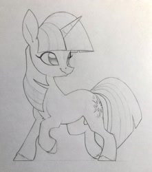 Size: 2506x2831 | Tagged: safe, artist:aquaticvibes, character:twilight sparkle, character:twilight sparkle (unicorn), species:pony, species:unicorn, g4, eyelashes, female, horn, looking back, mare, pencil drawing, smiling, solo, traditional art, trotting