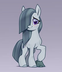 Size: 2200x2525 | Tagged: safe, artist:aquaticvibes, character:marble pie, species:earth pony, species:pony, g4, blushing, cute, eyebrows, female, gradient background, hooves, looking at you, marblebetes, mare, one hoof raised, rock, simple background, smiling, solo