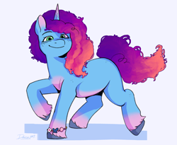 Size: 3556x2919 | Tagged: safe, artist:daisy_marshmallow, character:misty brightdawn, species:pony, species:unicorn, g5, my little pony: make your mark, my little pony: tell your tale, bracelet, chubby, coat markings, colored hooves, female, hooves, horn, jewelry, looking at you, mare, raised hoof, raised leg, rebirth misty, signature, simple background, smiling, smiling at you, socks (coat marking), solo, unshorn fetlocks