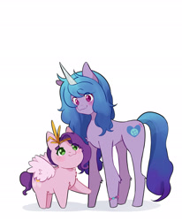 Size: 2191x2665 | Tagged: safe, artist:stellar_shoting, character:izzy moonbow, character:pipp petals, species:pegasus, species:pony, species:unicorn, g5, adorapipp, bracelet, circlet, cute, duo, eye clipping through hair, gradient hair, high res, izzy is tol, izzybetes, jewelry, looking at each other, looking at someone, multicolored hair, no pupils, pipp is small, pipp wings, raised hoof, simple background, size difference, smiling, smol, spread wings, white background, wings