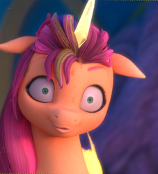 Size: 716x790 | Tagged: safe, artist:fynamic, character:sunny starscout, species:alicorn, species:pony, g5, 3d, alicornified, blender, blender cycles, bust, colored eyebrows, eyebrows, faec, floppy ears, looking at you, magic horn, mane stripe sunny, race swap, solo, sunnycorn