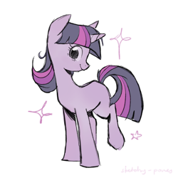 Size: 2048x2048 | Tagged: safe, artist:sketchy-pones, character:twilight sparkle, character:twilight sparkle (unicorn), species:pony, species:unicorn, g4, colored, colored sketch, countershading, cute, eyelashes, female, horn, looking at you, mare, multicolored hair, profile, raised leg, signature, simple background, sketch, smiling, smiling at you, solo, sparkles, straight mane, straight tail, tail, twiabetes, unicorn horn, white background, wingding eyes