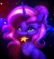 Size: 1940x2098 | Tagged: safe, artist:itssim, oc, oc only, oc:mercurial, species:pony, species:unicorn, bust, constellation, cute, eating, female, horn, looking at you, mare, night, night sky, nom, portrait, sky, smiling, smiling at you, solo, starry sky, stars