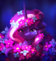 Size: 2241x2453 | Tagged: safe, artist:itssim, oc, oc only, oc:mercurial, species:pony, species:unicorn, bust, crying, emotional, female, floral head wreath, flower, horn, looking at you, mare, portrait, sad, solo, wreath