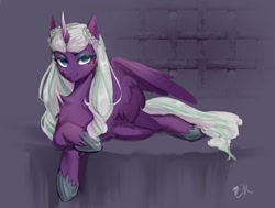 Size: 2331x1759 | Tagged: artist needed, source needed, safe, derpibooru original, character:opaline arcana, species:alicorn, species:pony, g5, my little pony: make your mark, eyeshadow, female, lying down, makeup, mare, partially open wings, signature, smiling, solo, wings