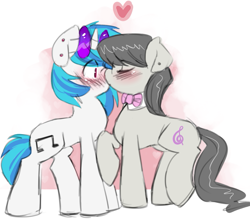 Size: 859x754 | Tagged: safe, artist:saltylenpai, character:dj pon-3, character:octavia melody, character:vinyl scratch, species:earth pony, species:pony, species:unicorn, ship:scratchtavia, g4, blushing, bow tie, clothing, duo, duo female, eyes closed, female, heart, horn, kiss on the lips, kissing, lesbian, mare, raised hoof, raised leg, shipping, simple background, tail, white background