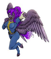 Size: 2893x3350 | Tagged: safe, artist:natt333, derpibooru original, oc, oc only, oc:violet flame, species:anthro, species:pegasus, species:unguligrade anthro, fallout equestria, g4, anthro oc, breasts, colored hooves, commission, commissioner:solar aura, crossover, fallout, female, hooves, mare, pegasus oc, signature, simple background, solo, transparent background, unshorn fetlocks, wings