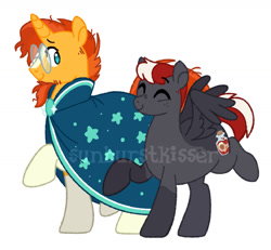 Size: 1327x1224 | Tagged: safe, character:sunburst, oc, oc:morbid curiosity, species:pegasus, species:pony, species:unicorn, g4, canon x oc, couple, eyes closed, looking back, prancing, self shipping, shipping