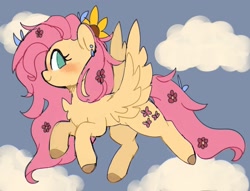 Size: 1995x1526 | Tagged: safe, artist:sakukitty, character:fluttershy, species:pegasus, species:pony, g4, blushing, chest fluff, cloud, ear piercing, earring, female, flower, flower in hair, flying, jewelry, looking at you, mare, no pupils, outdoors, piercing, profile, side view, sky, smiling, smiling at you, solo, spread wings, sunflower, wings