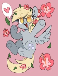 Size: 2372x3094 | Tagged: safe, artist:sakukitty, character:derpy hooves, species:pegasus, species:pony, g4, chest fluff, cute, derpabetes, eye clipping through hair, eyebrows, eyebrows visible through hair, female, flower, flower in hair, heart, high res, mare, no pupils, open mouth, open smile, pictogram, pink background, simple background, smiling, solo, speech bubble, spoken heart, spread wings, wings