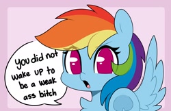 Size: 1942x1256 | Tagged: safe, artist:sakukitty, character:rainbow dash, species:pegasus, species:pony, g4, chest fluff, eye clipping through hair, eyebrows, eyebrows visible through hair, female, looking at you, mare, motivational, open mouth, signature, solo, speech bubble, spread wings, talking to viewer, underhoof, vulgar, wings