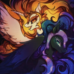 Size: 1600x1600 | Tagged: safe, artist:tkotu1, artist:tkotu434, character:daybreaker, character:nightmare moon, character:princess celestia, character:princess luna, species:alicorn, species:pony, g4, duo, duo female, fangs, female, horn, looking at you, mare, open mouth, partially open wings, sharp teeth, siblings, sisters, slit pupils, smiling, smiling at you, spread wings, wings