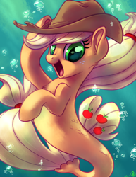 Size: 2550x3300 | Tagged: safe, artist:diamonddusted, character:applejack, species:earth pony, species:pony, species:seapony (g4), g4, apple family member, applejack's hat, bubble, clothing, commission, cowboy hat, cute, freckles, hat, high res, jackabetes, looking at you, open mouth, open smile, seapony applejack, signature, smiling, smiling at you, solo, stetson, underwater, water