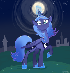 Size: 2254x2352 | Tagged: safe, artist:pfeffaroo, character:princess luna, species:alicorn, species:pony, g4, female, folded wings, full moon, glowing horn, high res, horn, jewelry, magic, magic aura, mare, moon, necklace, night, night sky, outdoors, peytral, princess shoes, raised hoof, s1 luna, sky, solo, wings
