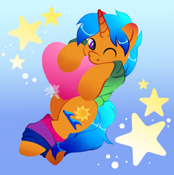 Size: 2363x2378 | Tagged: safe, artist:xenast, oc, oc only, oc:solar wave, species:pony, species:unicorn, bisexual pride flag, clothing, cute, heart, hoodie, leg warmers, pride, pride flag, purple eyes, stars, your character here