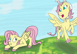 Size: 2480x1754 | Tagged: safe, artist:supermarine_spitfire, character:fluttershy, oc, oc:cottontail, species:pegasus, species:pony, g4, alternate universe, bunny ears, grass, manechat challenge, sky, ultimare universe