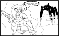 Size: 1106x666 | Tagged: safe, artist:chaoscroc, patreon reward, oc, oc:fila brightspark, species:anthro, species:earth pony, species:pony, armor, belt, clothing, comic, curse, glasses, gloves, gun, helldivers, monochrome, patreon, robot, scared, science fiction, shoulder pads, simple shading, sketch, solo, thought bubble, weapon