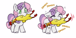 Size: 3534x1782 | Tagged: safe, artist:opalacorn, character:sweetie belle, species:pony, species:unicorn, g4, commission, cute, diasweetes, female, filly, opalacorn is trying to kill us, rubber chicken, simple background, solo, squeak, weapons-grade cute, white background, young
