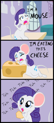 Size: 562x1280 | Tagged: safe, artist:furseiseki, character:rarity, g4, adorawat, cheese, comic, cute, dialogue, eating, female, food, hnnng, marshmelodrama, mouse, mousified, post-transformation, raribetes, rarimouse, rodent, species swap, tch, text, the worst possible thing, transformation, wat