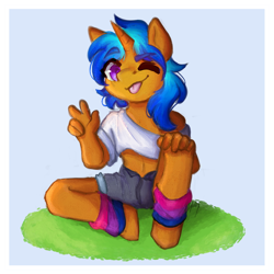Size: 1000x1000 | Tagged: safe, artist:zyliatix, oc, oc only, oc:solar wave, species:anthro, species:pony, species:unicorn, bisexual pride flag, clothing, crop top, cute, leg warmers, looking at you, pride, pride flag, purple eyes, shorts, smiling
