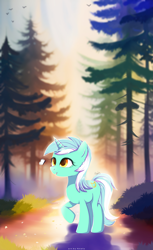 Size: 4000x6533 | Tagged: safe, artist:nnaly, character:lyra heartstrings, species:pony, species:unicorn, g4, absurd resolution, butterfly, cute, female, forest, horn, looking at something, lyrabetes, mare, nature, open mouth, open smile, outdoors, raised hoof, signature, smiling, solo, tail, tree