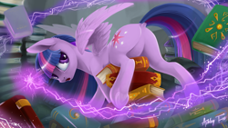 Size: 4407x2480 | Tagged: safe, alternate version, artist:arctic-fox, artist:ashley-arctic-fox, character:twilight sparkle, character:twilight sparkle (alicorn), species:alicorn, species:pony, g4, book, butt, dock, featureless crotch, female, frog (hoof), high res, hooves, indoors, levitation, looking at you, looking back, looking back at you, magic, mare, open mouth, plot, prone, raised tail, signature, solo, spread wings, tail, telekinesis, twibutt, underhoof, wings