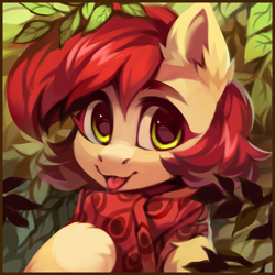 Size: 2000x2000 | Tagged: safe, artist:share dast, oc, oc only, oc:bead trail, species:earth pony, species:pony, blep, clothing, ear fluff, earth pony oc, female, high res, leaves, looking at you, mare, not roseluck, scarf, smiling, smiling at you, solo, tongue out