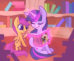 Size: 4000x3298 | Tagged: safe, artist:meekcheep, character:daring do, character:scootaloo, character:twilight sparkle, character:twilight sparkle (unicorn), species:pegasus, species:pony, species:unicorn, g4, blank flank, book, bookshelf, cute, cutealoo, daring do book, duo, duo female, ear fluff, eyes closed, female, glowing horn, golden oaks library, grin, high res, horn, indoors, levitation, looking at something, magic, magic aura, mama twilight, open mouth, open smile, rearing, sitting, smiling, tail, telekinesis, twiabetes, wings