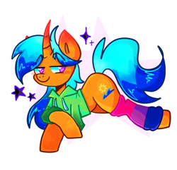 Size: 700x674 | Tagged: safe, artist:kixmey, oc, oc only, oc:solar wave, species:pony, species:unicorn, bisexual pride flag, clothing, cute, hoodie, leg warmers, pride, pride flag, purple eyes, smiling, stars, your character here