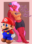 Size: 2696x3760 | Tagged: safe, artist:witchtaunter, oc, species:anthro, clothing, commission, crossover, female, leaning, mario, nintendo, super mario bros., talking, text