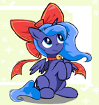 Size: 1341x1419 | Tagged: safe, artist:sallycars, character:princess luna, species:alicorn, species:pony, g4, bell, bell collar, bow, collar, cute, digital art, female, filly, filly luna, hair bow, hooves, hooves to the chest, horn, legitimately amazing mspaint, looking up, lunabetes, mare, ms paint, partially open wings, s1 luna, sitting, smiling, solo, wings, young, younger